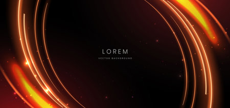 Abstract technology futuristic curved glowing neon yellow and orange light ray on black background with lighting effect. Vector illustrationのイラスト素材