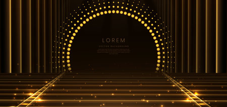 Elegant golden scene dot circle glowing with lighting effect sparkle on black background. Luxury premium award design. Vector illustrationのイラスト素材