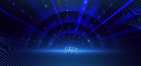 Abstract futuristic glowing blue neon curved light lines with speed motion moving on dark blue background. Vector illustrationのイラスト素材
