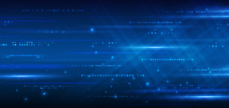 Abstract technology futuristic glowing lines neon blue light ray on dark blue background with square pattern digital element. Vector illustrationのイラスト素材