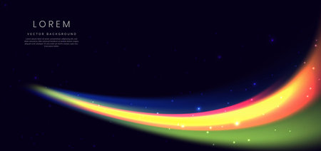 Abstract futuristic neon light curved red, blue, yellow on dark blue background. You can use for ad, poster, template, business presentation. Vector illustrationのイラスト素材