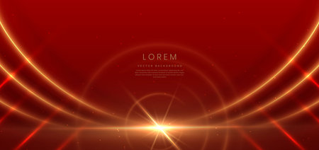 Abstract glowing gold curved lines on red background with lighting effect and sparkle with copy space for text. Luxury design style. Vector illustrationのイラスト素材