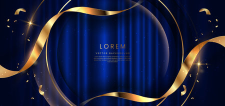 Blue curtain background. Golden confetti banner and ribbon background. Celebration grand openning party happy concept. Vector illustrationのイラスト素材