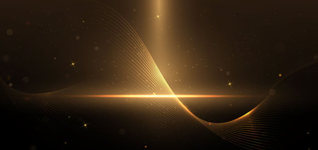 Abstract elegant gold glowing wave lines with lighting effect sparkle on black background. Template premium award design. Vector illustrationのイラスト素材