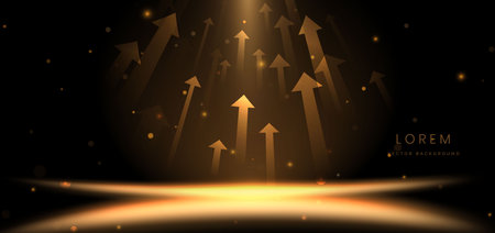 Golden arrow on dark brown background with lighting effect and sparkle. Luxury template celebration award design. Vector illustrationのイラスト素材