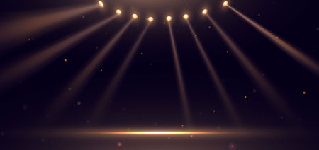 Stage gold sportlight on black background with lighting effect and sparkle. Luxury template celebration award design. Vector illustrationのイラスト素材