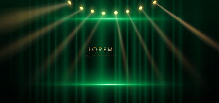Green curtain stage background with spotlight effec. Celebration grand openning party happy concept. Vector illustrationのイラスト素材