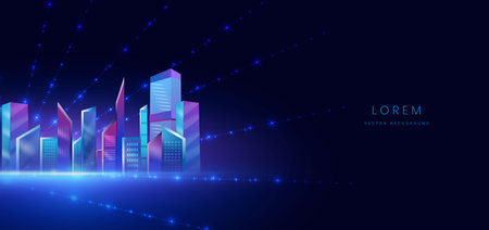 Futuristic glowing night cityscape on dark blue background with lighting effect and sparkle. City landscape. Vector illustrationのイラスト素材