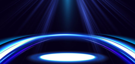 Abstract scene glowing blue light rays on dark background with podium glowing neon lights in futuristic. Concept technology, gamer. Vector illustrationのイラスト素材