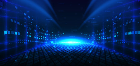 Technology futuristic glowing lines neon blue light ray on dark blue background with square pattern digital element. Scence background digital data. Vector illustrationのイラスト素材