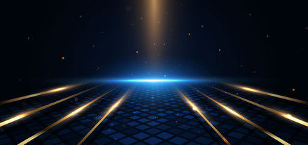 Luxury elegant gold glowing lines with lighting effect on dark blue background. Vector illustrationのイラスト素材