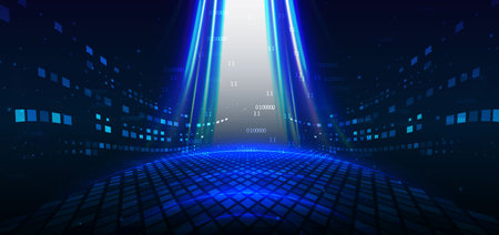 Technology futuristic glowing lines neon blue light ray on dark blue background with square pattern digital element. Scence background digital data. Vector illustrationのイラスト素材