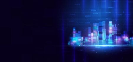 Futuristic smart city night skyscrapers on dark blue background. Technology connection data communication city concept. Vector illustrationのイラスト素材
