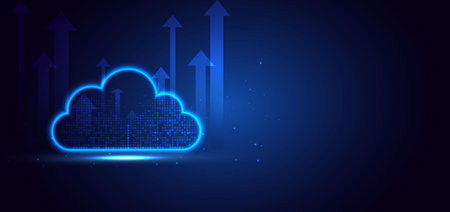 Cloud futuristic technology connected digital servers on dark blue background with arrow glowing. System and information data concept. Vector illustrationのイラスト素材