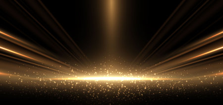 Abstract elegant gold glowing beam with lighting effect sparkle on black background. Template premium award design. Vector illustrationのイラスト素材