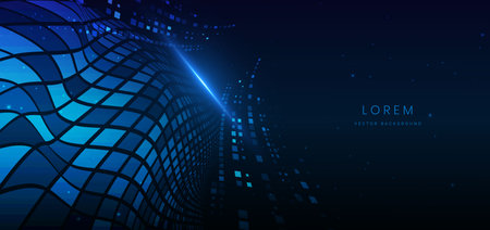 Technology futuristic glowing lines neon blue light ray on dark blue background with square pattern digital element. Vector illustrationのイラスト素材