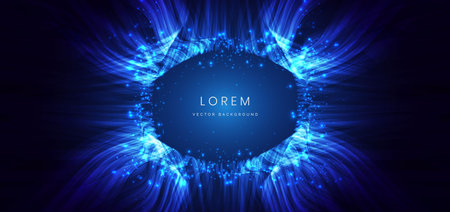 Blue glowing wave lines with lighting effect and sparkle on dark blue background. Technology futuristics concept. Vector illustrationのイラスト素材