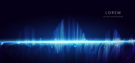 Futuristic elegant blue wave lines on dark background with lighting effect and sparkle. Vector...