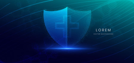 Particle glowing shield medical on dark background. Technology shield icon protec medical, system network, science. Vector illustrationのイラスト素材