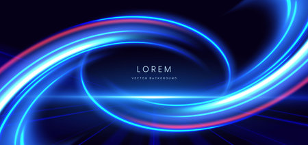 Abstract elegant glowing blue curve ray lighting effect on black background. Hi-speed motion moving concept. Vector illustrationのイラスト素材