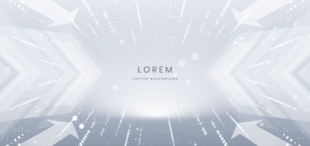 Futuristic abstract background featuring white and light gray tones with geometric arrows and digital lines forming a perspective toward the center. The design symbolizes speed. Vectorのイラスト素材