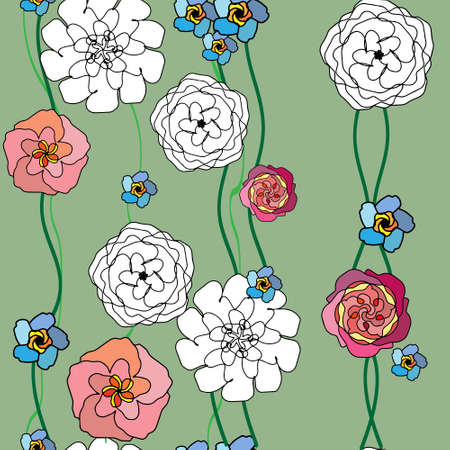 Seamless pattern with bright floral blossoms on a soft green background.Floral illustration with red, pink, white, flowers. Vectorのイラスト素材