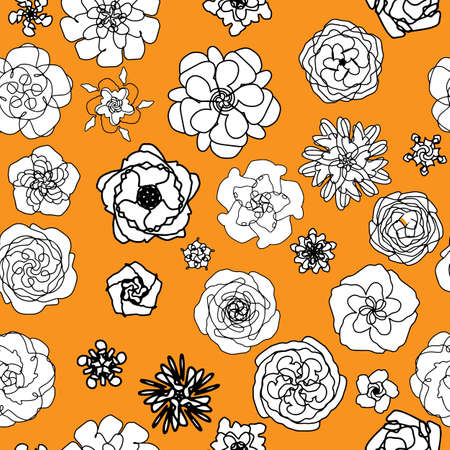 Vector seamless pattern, ornament with flower. On a yellow background, black outline. In a simple style, primitive style. For factories, textiles, design, wallpapers, packaging, paper backgroundsのイラスト素材