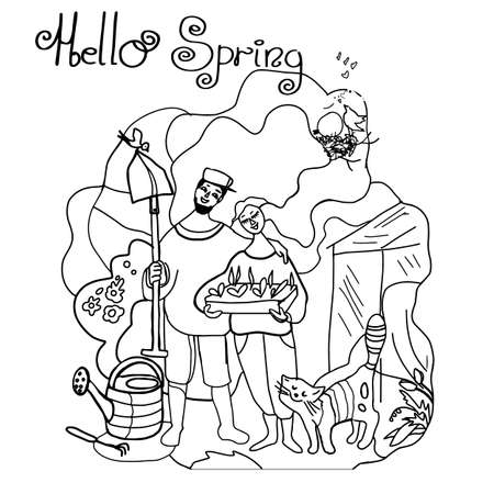 Gardener woman and man with a box of flowers and watering can, nature, bird , spade, cat. Black line drawing vector illustration.のイラスト素材