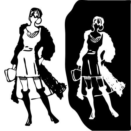 Black and white retro fashion model in sketch style. Hand drawn stylish young lady. Vector illustrationのイラスト素材
