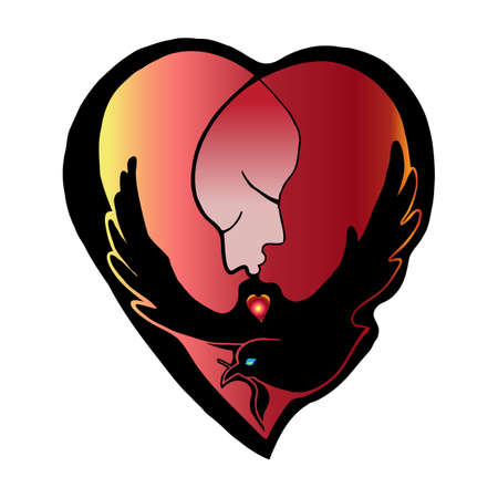 Red heart with man and woman face and bird inside. Illustration for use in print, logo,greeting, tattoo, jewerly design element. Vector isolated illustrationのイラスト素材