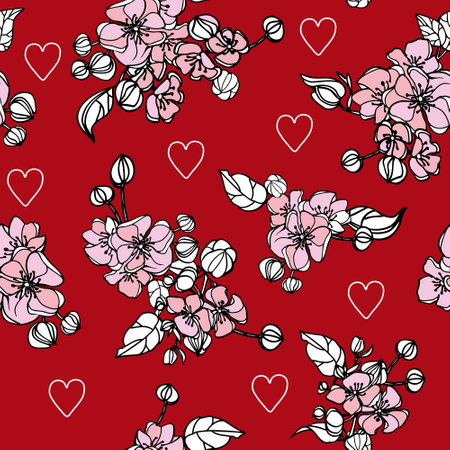 Cute white heart and flowers vector seamless pattern backround.のイラスト素材