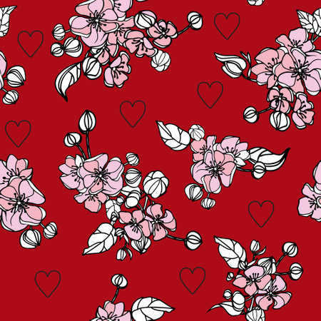 Floral seamless pattern on red background. Seamless pattern can be used for wallpaper, pattern fills, web page background,surface textures.のイラスト素材