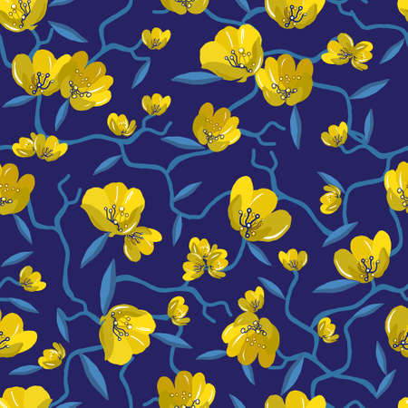 Seamless repeat pattern with yellow flowers on blue background. Hand drawn fabric, gift wrap, wall art design. Stock vector illustrationのイラスト素材