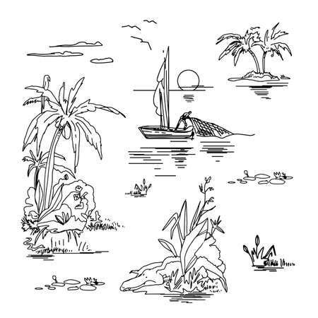 Beautiful island sketches set on white background. Landscape with palm trees, beach, sea, sun, clouds, birds, crocodile, parrot, fisherman. Drawn tropical landscape. Vector hand drawn style.のイラスト素材