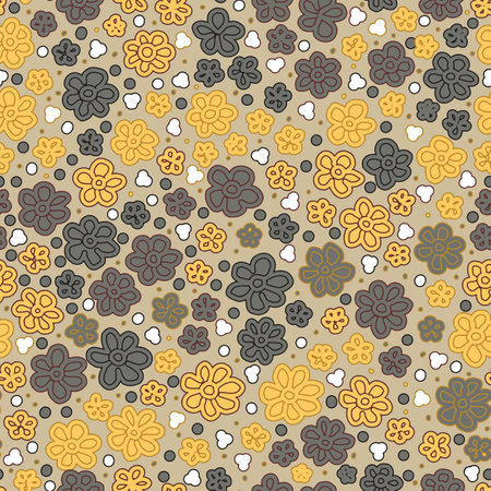 Seamless pattern with small drawn meadow flowers. Cute gold, brown, white, floral background with khaki color. Print textiles, fabrics, backgrounds. Vector illustrationのイラスト素材