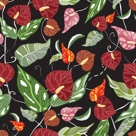Vector Tropical flowers and palm leaves seamless pattern. Floral exotic Hawaiian background. Blooming elements texture. Jungle plants printのイラスト素材