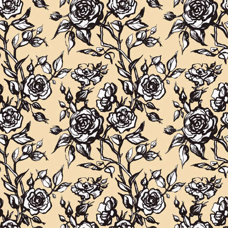 vintage vector floral seamless pattern in victorian style with flowers, buds and leaves of roses. Ink line art monochrome drawing. Hand drawn roses print on light background.のイラスト素材