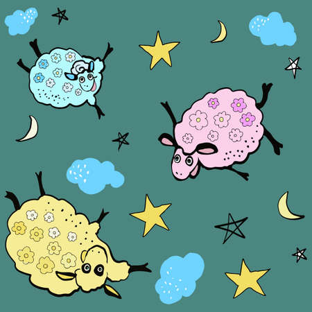 A seamless pattern of cartoons with funny sheep, lambs. Vector illustration. Beautiful drawing for children on textiles with moon, stars, clouds.のイラスト素材