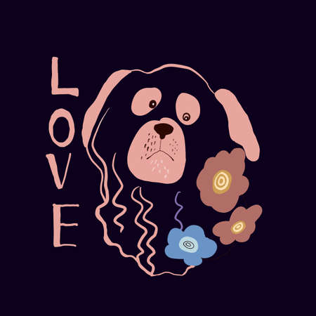 Cute drawn pink dog face with flowers and inscription love. Sweet kids graphics for t-shirts. Greeting card, print. logo. Vector iilustrationのイラスト素材