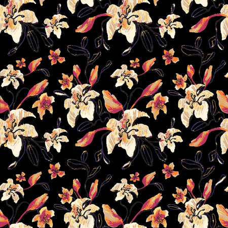 Stylish outline sketch and hand drawn lily, peas flowers. Botanical Seamless pattern vector texture on black background. Floral lily printのイラスト素材