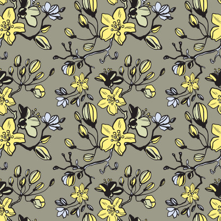 Yellow daisies, dahlias flower seamless pattern on beige, brown background. Daisy field. Ditsy floral pattern print. Vector floral illustration. Wild meadow texture.のイラスト素材