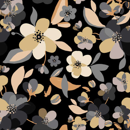 Watercolor drawn gold and grey floral pattern. Seamless natural texture with blossom cherry tree branches. Hand drawn japanese flowers on dark black background. Floral vector illustrationのイラスト素材
