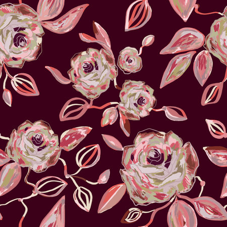 Hand drawn watercolor and line art floral seamless pattern with tender pink peonies, roses in vector on the dark burgundy background. Flowering rose branch texture, print.のイラスト素材