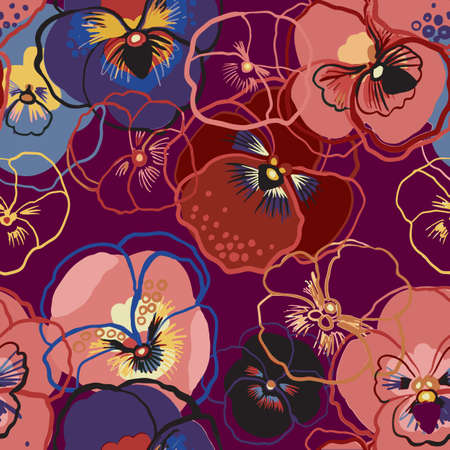 Vector illustration of floral seamless pattern. Blue, red, yellow, purple flowers on a purple background. Drawing watercolor and line art illustration. Linear pansy print, texture.のイラスト素材