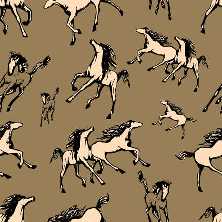 Galloping horses on brown background . Drawn seamless pattern. Silhouettes and linear figures of running horses of black and beige color. Vector texture, print illustrationのイラスト素材