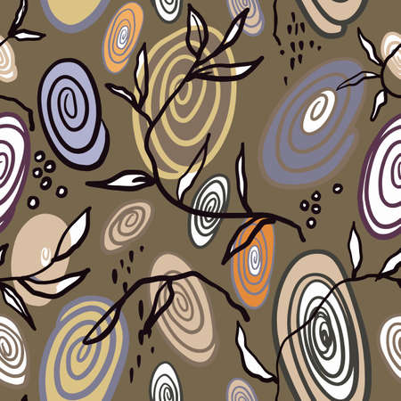 Seamless circle pattern with linear art drawn, tree branch. Endless colorful texture, print on light beige background. Vectorのイラスト素材