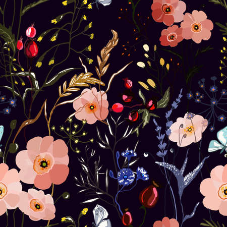 Hand drawn seamless pattern with colorful herbs and flowers on dark background. Wild floral texture, print. Vector illustrationのイラスト素材