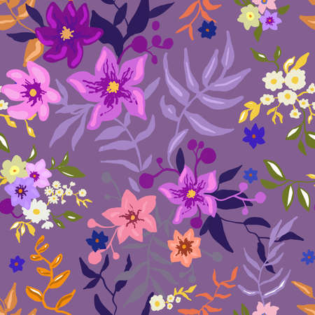 Tropical floral pattern. Colorful graphic floral vector seamless pattern on a pink background. Stylized hand-painted garden lily and exotic flower texture. Fashionable foliage print. Vectorのイラスト素材