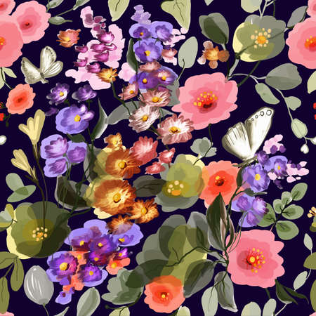 Floral seamless patterns with blooming meadows, garden flowers. The motifs of tropical botany are scattered random. Hand-drawn herbal texture printed on dark blue background. Vectorのイラスト素材