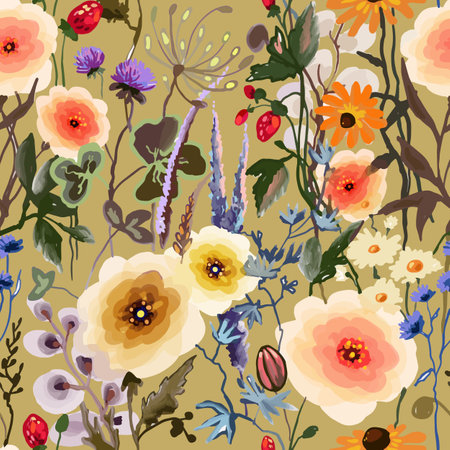 vector seamless pattern with watercolor wild flowers, meadow blooming, strawberry on pastel khaki background. Hand drawn floral botanical herbal texture, print. Vector illustrationのイラスト素材